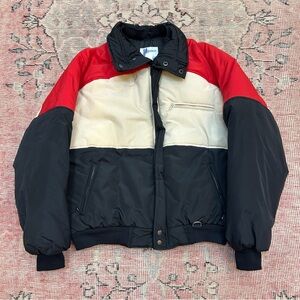 Vintage Ski Puffer Jacket Powder Run Large Red Cream Black 80s 90s Full Zip Coat